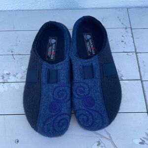 Haflinger Kids Blue & Charcoal Wool Slip-Ons with Swirl Embroidery